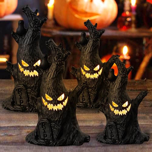4 Stück Halloween Deko Geister Baumstumpf, Halloween Geister Baumstumpf, Halloween Dekoration Geisterbaum, Baumstumpf Batteriebetriebene Für Halloween Dekoration, Party Deko