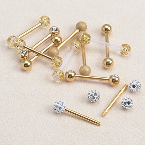 CrazyPiercing 12Pcs Stainless Steel Tongue Ring Barbell Retainer Body Piercing Jewelry 14G4