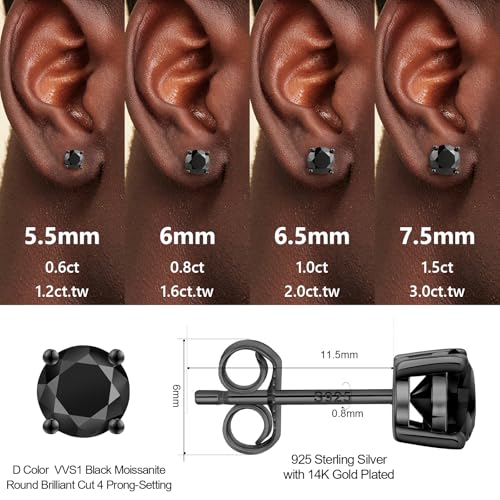 KRKC&CO Moissanite Earrings for Men, Gift for Him, Gold/Black/White Earrings Studs, S925 Sterling Silver Hypoallergenic, Dazzling, 4-Prong, 1.2-3.0CT, D Color, VVS13