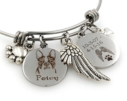 Boston Terrier Dog Personalized Memorial Remembrance Bangle Bracelet or Necklace, Engraved - Rainbow Bridge