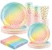 Rorchio Cartone Stoviglie Multicolore Pastello Arcobaleno Piatto Piatti Ragazza Bicchieri di Carta Tovagliolo di Paglia Blu e Rosa Baby Shower Matrimoni, 24 Ospiti