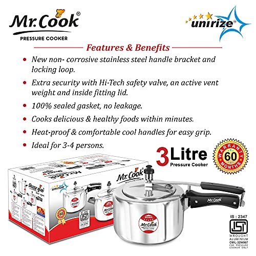 Image of MR COOK By United Metalik Regular Aluminium Non-Induction Pressure Cooker with Inner Lid, 3 Litre (Silver)