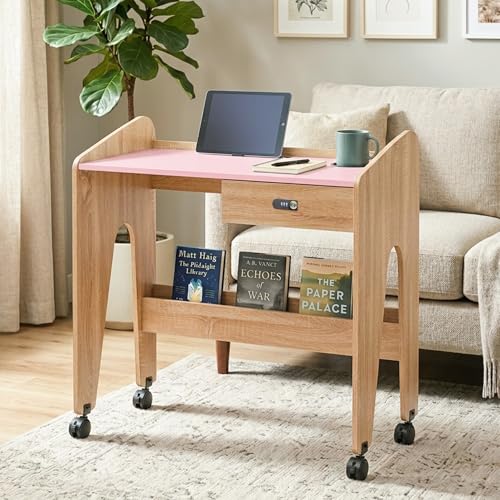 Image of Alex Daisy Movers Kids Study Desk with Lockable Wheels, Scratch-Resistant Top, Lockable Drawer, iPad Slot & Cup Holder | Compact Kids Study Table with Storage Shelf (Pink)