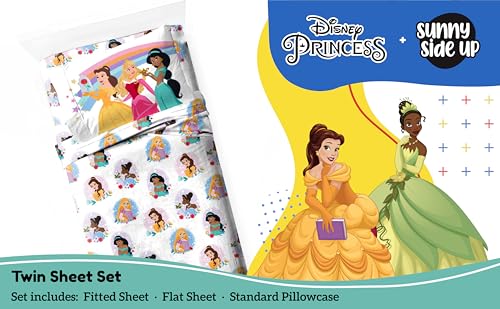 Image of Sunny Side Up Disney Princess Twin Sheet Set - 3 Piece Kids Bedding Set Includes Pillow Cover - Super Soft Rainbow Microfiber Sheets Features Moana, Belle & Rapunzel