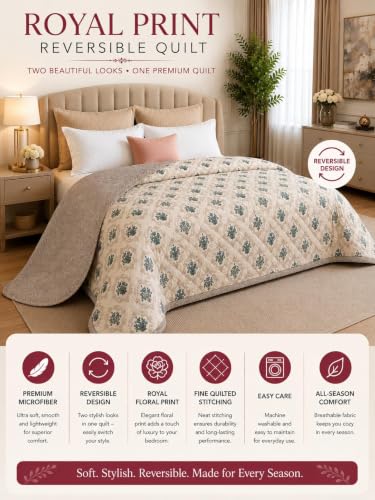 Image of Dohar Single | Double Bed Polycotton Blankets for Summer 90x100inch, 150GSM Ac Comforter and Cooling for Summer Classic Printed Design Quilt Ideal for Gifting (Light Cream, Double)
