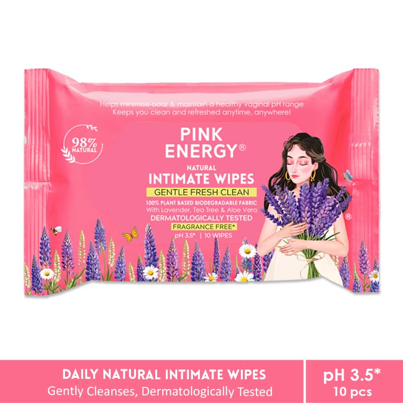 Pink Energy pH-Balanced Intimate Wipes | Lavender and Tea Tree | 100% Biodegradable | Naturally Scented | Alcohol-Free | Dermatologically Tested | 10 Wipes