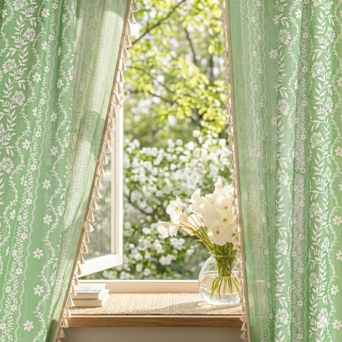 Image of MYSKY HOME Boho Floral Curtains 96 Inch Long for Living Room Sage Green