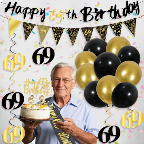Image of 69th Birthday Decorations for Men, Black Gold 69th Party Decoration Kits