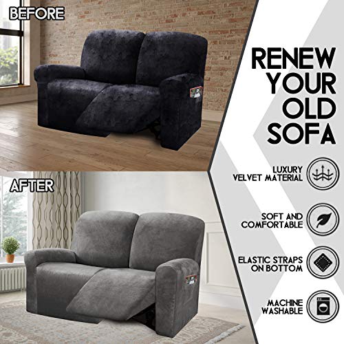 Ulticor Reclining Love Seat Slipcover, 48" - 65" L, 6-Piece Velvet Stretch Loveseat Reclining Sofa Covers, 2 Seat Love Seat Recliner Cover, Thick, Soft, Washable (Dark Grey) #TOP4