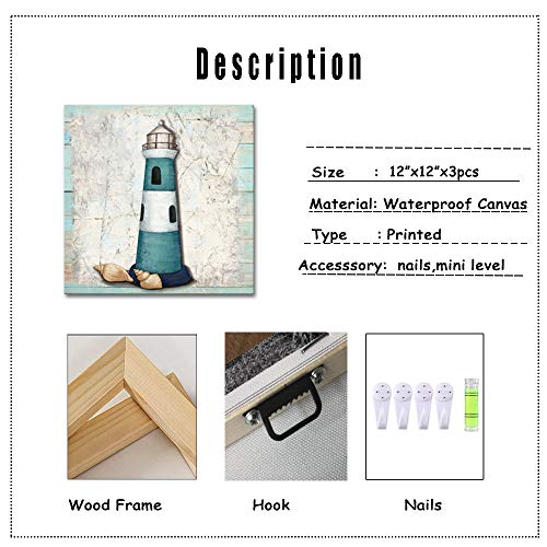 Derkymo 3 Pieces Nautical Decor For Wall Lighthouse Ocean Canvas Paintings Sea Picture Vintage Artwork Framed Rustic Home Decor Ready To Hang For Bathroom Bedroom 12"X12"X3Pcs #TOP4