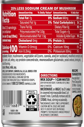 Image of Campbell's Condensed 25% Less Sodium Cream of Mushroom Soup, 10.5 Ounce Can (Pack of 2)