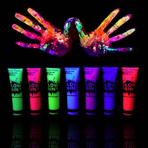 Glow in The Dark Body Paint 0.85oz - Set of 7 Tubes Glow Face and Body Paint UV Black Light