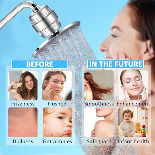 BAISHUN 34 Stufen Duschfilter Für Hartes Wasser, Wasserfilter Dusche mit 2 Austauschbaren Kartuschen, Mehrstufen-Filterpatrone zur Entfernung von Chlor, Schwermetalle und Andere Ablagerungen