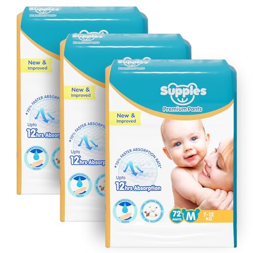 Image of Amazon Brand - Supples Premium Baby Diaper Pants | 216 Baby Diapers | Medium | 7-12 Kg | 72 x 3 Packs | 12 Hrs Absorption | Cushiony Cotton Soft Fabric | Phthalates-Free | Triple Leak Guard