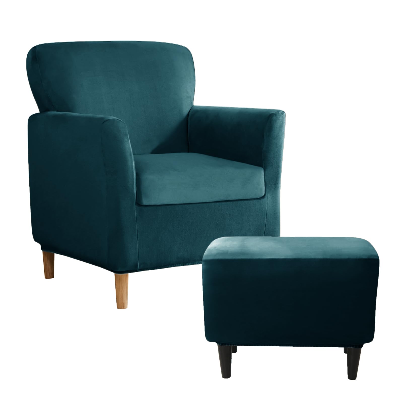 SYLC Stretch Velvet Armchair Sofa Covers with Ottoman Cover Rectangle/Square, Banquet Tub Chair Covers Footstool Slipcover Furniture Protector (Dark teal,Chair+Seat+Rectangle)