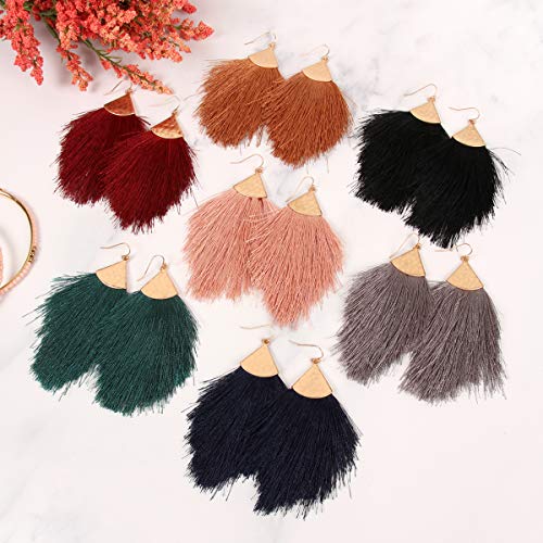 RIAH FASHION Bohemian Silky Thread Tassel Statement Drop Earrings - Strand Fringe Lightweight Feather Shape Dangles, Chandelier Duster4