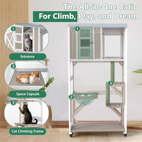 Image of Portable 63 inch Catio with Wheels, Outdoor Cat Enclosure with Window Access
