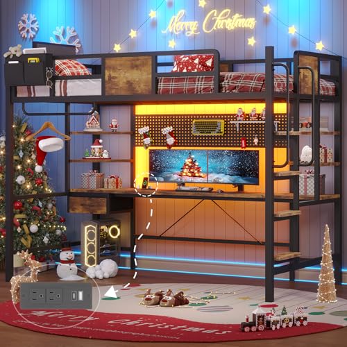 Tagafi Loft Bed with Desk, Metal Loft Bed Frame with LED Lights and Charging Station, 4 Storage Shelves and 1 Fabric Storage Drawer, Safety Guard & Ladder, Vintage Brown