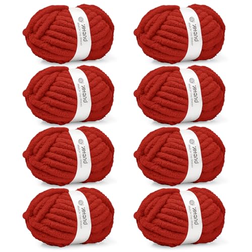 Inhand Classic Red Chunky Chenille Yarn for Hand Knitting Thick Bulky Mom Blanket Yarn for Crocheting Soft Fluffy Yarn for Mothers Day Gifts and Crafts for Women/Grandma 8 Pack (29.5Yds/8.4oz Each)