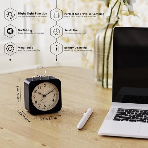 Image of AYRELY Small Metal Alarm Clock, Desk and Table Clock for Travel | Battery Operated Retro Silent Clock with Light for Bedroom, Bedside, Shelf and Living Room Decor (Black)
