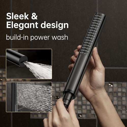 Image of Veken 10 inch Luxurious All Metal Rain Shower Head with Handheld Spray Combo, High Pressure Rainfall Square Shower Heads with Extension Arm, Wide Dual Showerhead, Bathroom Accessories, Matte Black