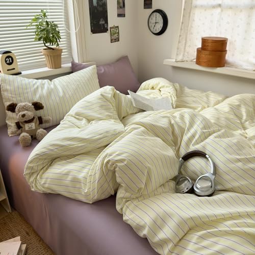 Image of MKXI Twin XL Size Yellow Purple Striped Duvet Cover Set - 3 Piece Vintage Retro Bedding, Lightweight Breathable Comforter Cover, Joyful Style Bedroom Decor with Zipper Closure