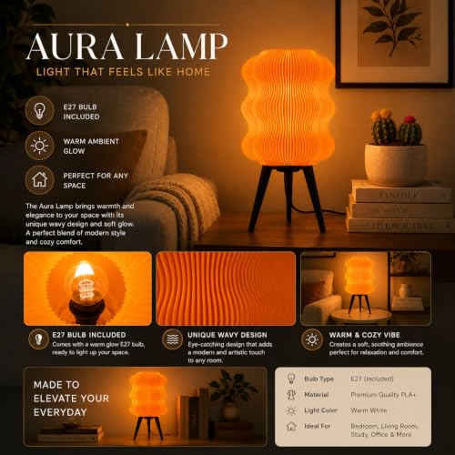 Image of Aura Table Lamp | Modern Decorative Bedside Lamp | PLA Material | Warm Ambient Lighting | Designer Night Lamp for Bedroom, Living Room & Home Decor (Orange Glow)
