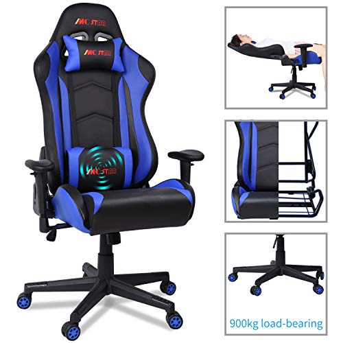 MC Star Silla Gaming PC Oficina Ergonómica Racing Carreras Silla de Escritorio Despacho para Gamer Profesional Regulable Reclinable Diseño con Cojin Lumbar y Almohada [Racing Azul]