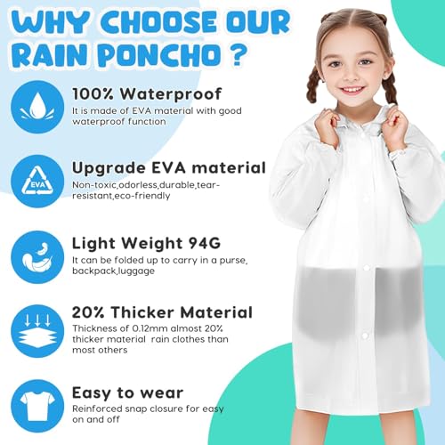 BFONS 2 Pcs Rain Ponchos for Kids Reusable, EVA Raincoats for Boys Girls with Hood and Sleeves, Waterproof Rain Coats Perfect for Camping, Hiking and Travel Outdoor Accessories Blue White3