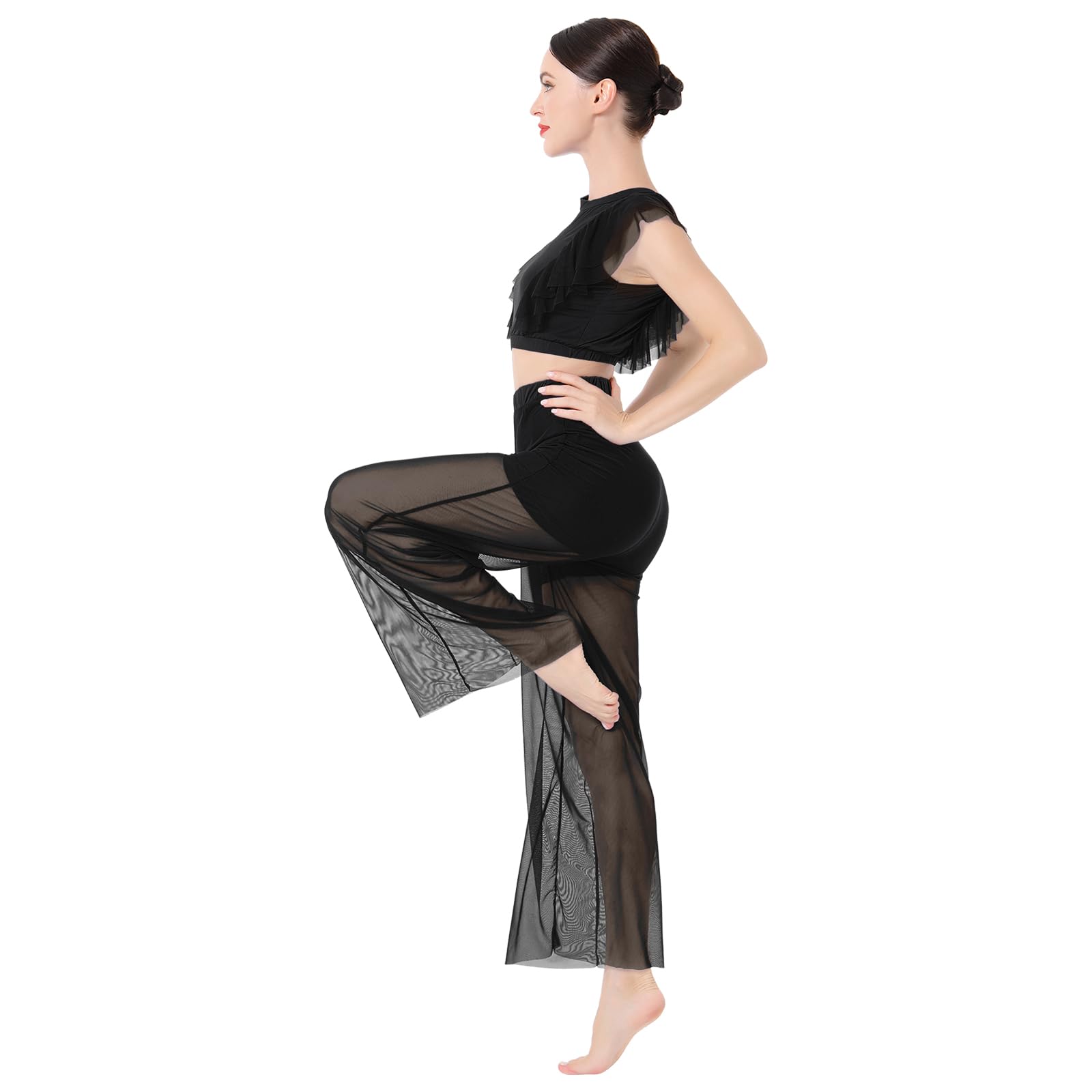 AFAVOM Lyrical Tanzkleid für Damen, modernes zeitgenössisches Tanzkostüm, Chiffon, bauchfreies Top + Netzhose, Balletttrikot-Outfit