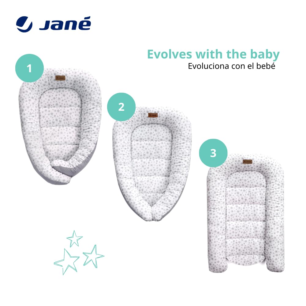 Jané Growing Cute, Nido Riduttore per Bebè, Favorisce lo Stato del Sonno, Reversibile, Traspirante, Grigio