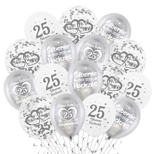 Tasoraor Silberhochzeit Deko Luftballons Set - 40 Stück 25 Hochzeitstag Dekoration Silber Weiß Ballons Konfettiballons für Silberne Jahrestag 25. Jubiläum