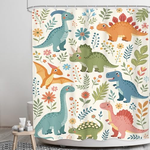 Image of Funny Dinosaur Kids Cute Green Plant Colorful Bathroom Shower Curtain Set | 60Wx71H Wildflowers Leaf Bathroom Curtain,Waterproof Polyester Fabric HD Print Bathroom Decor with 12 Hooks