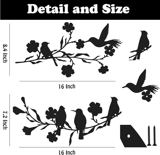 Image of BLIND SHOP 2 Pieces Metal Birds Wall Art Decor on Branch Metal Birds Silhouette for Home Decor | Wall Sculpture Home Decoration | Metal Art | Metal Wall Art (40x18x1.5 Cm)