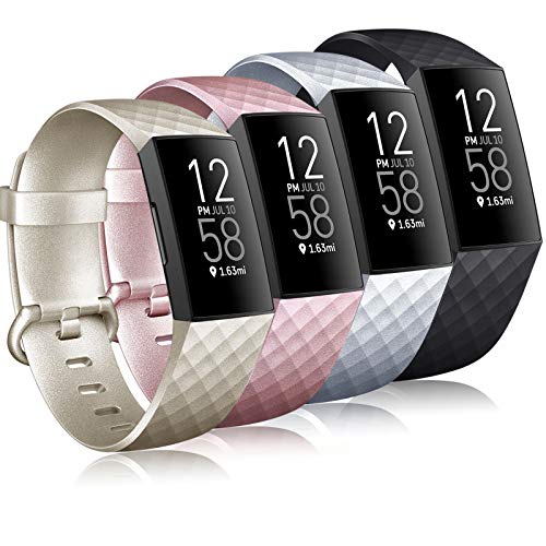 Tobfit 4 Pack Bands Compatible for Fitbit Charge 4 / Fitbit Charge 3 and Charge 3 Se, Silicone Replacement Wristbands for Women Men, Black, Champagne Gold, Rose Gold, Silver, Large