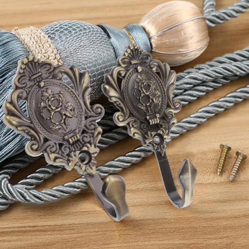 Image of HASTHIP 2Pcs Vintage Zinc Alloy Wall Hooks, Decorative Carved Design, Multipurpose Hooks, Used to Hang Clothes, Bags, Coats, Curtain Hold Backs and Keys (Antique Cyan)
