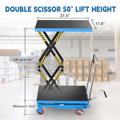 Hydraulic Lift Table Cart, Double Scissor Lift, 330 Lbs Capacity, 50" Height with Non-Slip Pad, 4 Safety Bumper PU Wheels, Ideal for Home, Garage, Supermarket, Factory, Warehouse, Construction