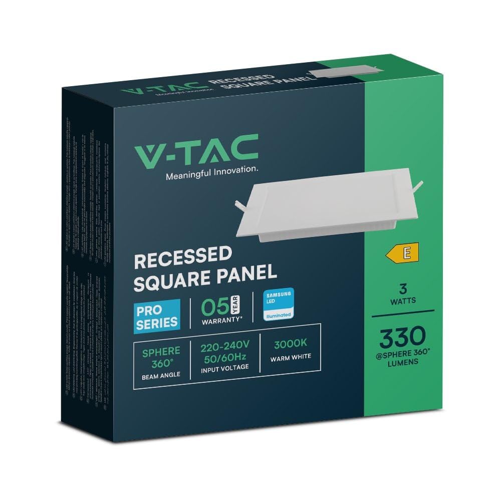 V-TAC 3W LED Recessed Panel, 330lm, 4000K Neutral White