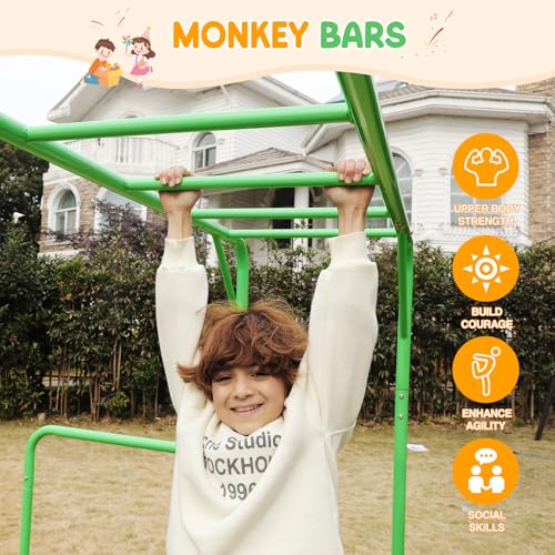 Outdoor Monkey Bar Set with Climbing Frame, Gymnastics bars, Playground Sets for Backyards, Metal Monkey Bars for Kids Age 3 and Up, Backyard Playground Set with Powder Coated Steel, Green