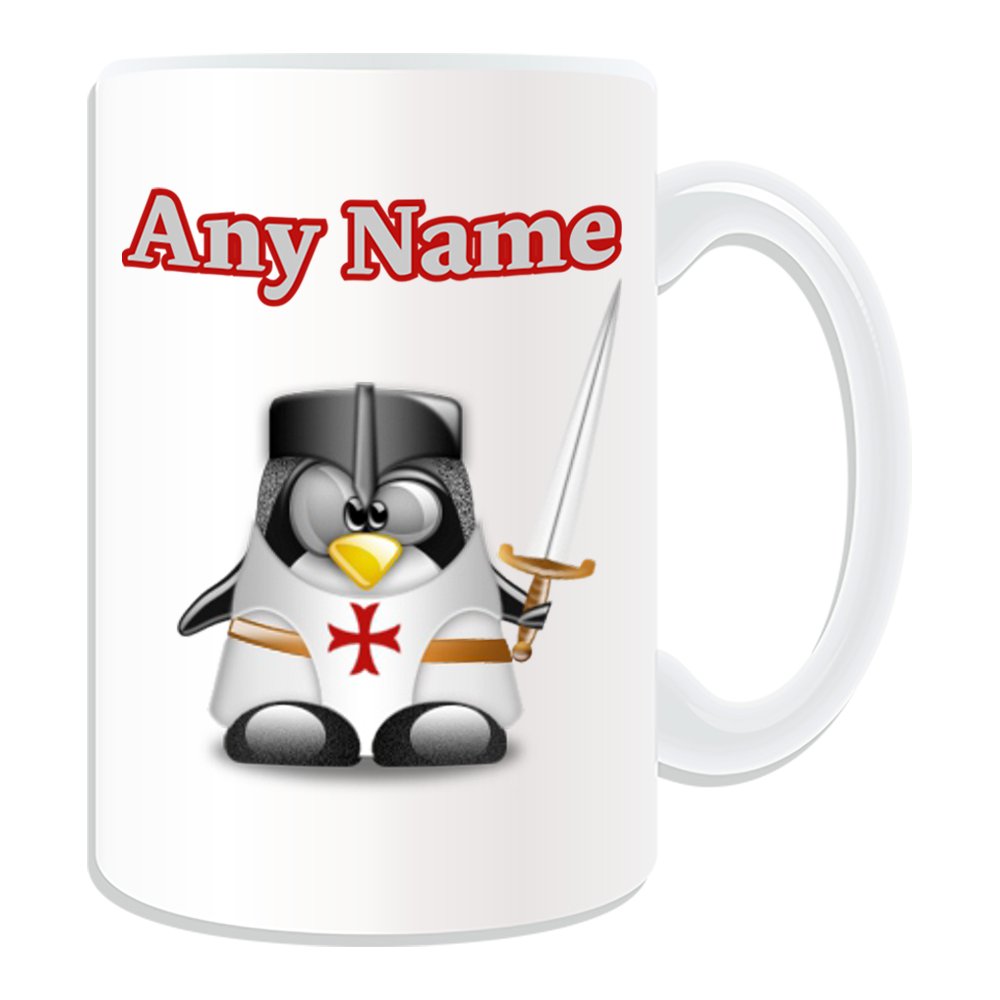 Personalised Gift - LARGE Crusader Mug (Penguin in Costume Design White) Name Message Unique Silly Funny Novelty Crusades Knight Sword Soldier Fighter Medieval Army Military Brave World Famous