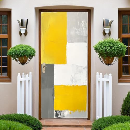 Jaune Papier Peint Porte 73x204 cm Formes géométriques de graffiti Trompe l'oeil Sticker Poster Porte Trompe l'oeil Intérieure Muraux PVC pour Décoration...