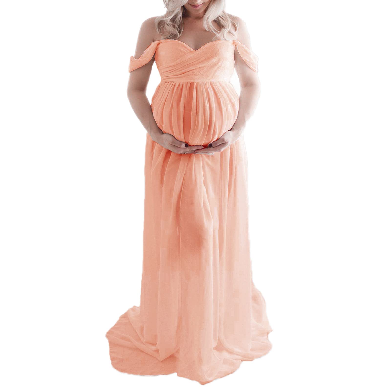 Loalirando Schwangerschaftskleid für Fotoshootings aus leichter Mousseline-Seide, Maxi-langes Umstandskleid mit offener Schulter für die Fotografie, Rosa, Medium