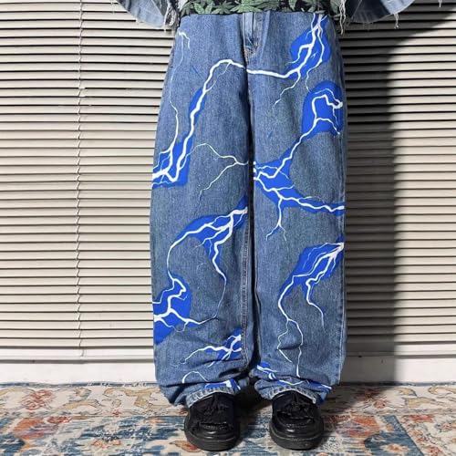 Baggy Jeans Men Graphic Lightning Bolt Y2k Jeans Men Open Bottom Parachute Streetwear Wide Leg Denim Pants2