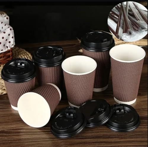 HOT BARGAINS 12oz Disposable Coffee Cups with Reusable lids, 360ml Triple Layered Kraft Paper Cups, Brown and White Ripple Design, 100 Count