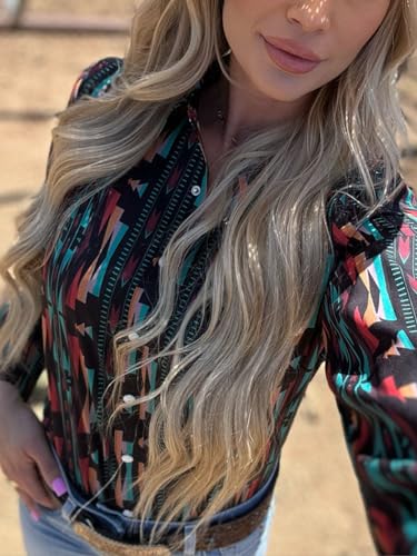 Women's Retro Aztec Shirt Western Cowgirl Pearl Snap Blouses Button Up Long Sleeve Ethnic Printed Top4