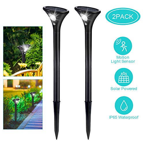 LUNSY Juego de 2 luces de suelo solares para jardín, 2 modos de iluminación, lámpara solar con sensor PIR, conjunto de luces de trayectoria de sensor solar LED a prueba de agua IP65