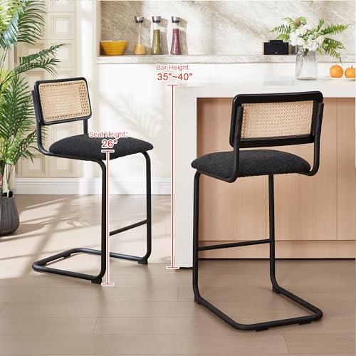 Image of ONEVOG Rattan Counter Height Bar Stools Set of 4, 26 inch Boucle Barstools with Natural Solid Wood Cane Back & Matte Black Metal Legs, Upholstered Counter Kitchen Island Chairs, Cantilevered Design, Black