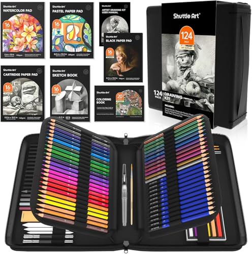 Shuttle Art Kit Dessin Professionnel 124 Pièces, Lot de Crayons de Couleurs avec Crayons à Croquis,Aquarelles,Graphite,Fusain,Carnets de Croquis, Malette...