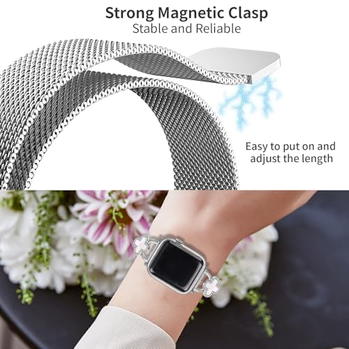 Joyozy Slim Metal Band Compatible with Apple Watch Band 38mm 40mm 41mm 42mm 44mm 45mm 46mm 49mm Skinny Magnetic Strap with Bling Charms, Cute Stainless Steel Band, Dressy Thin iWatch Bracelet for Women