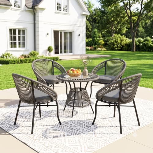 Image of DEVOKO Bliss 4 Seater Outdoor Patio Rope Conversation Set with Glass Top Table (Grey /Dark Grey), Powder-Coated Metal Frame & Water-Resistant Cushions for Balcony, Garden, Terrace
